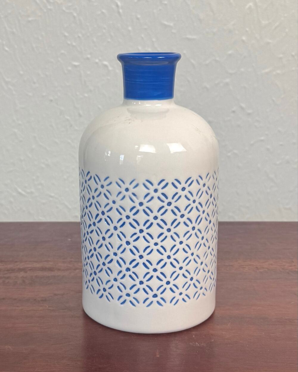 Blue White Ceramic Bottle Vase, Embossed Geometric Pattern Decor